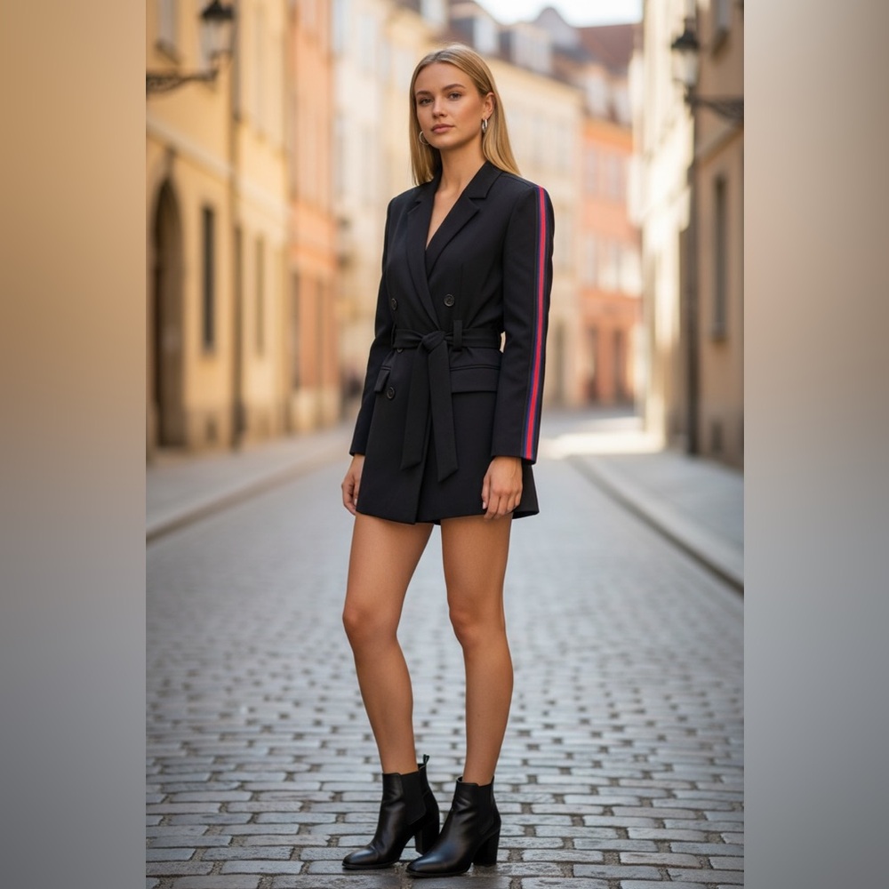 Zara Navy Double Breasted Blazer Romper Jumpsuit with Red Sleeve Stripe Size Med - Picture 3 of 12